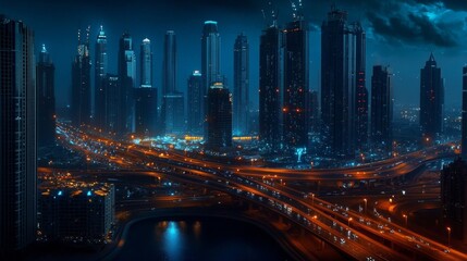 Wall Mural - A dynamic city skyline by night, with roads and buildings shining brightly