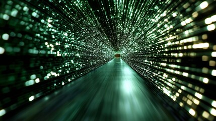 Leinwandbilder - Abstract dynamic digital tunnel of glowing green light particles creating a futuristic effect : Generative AI
