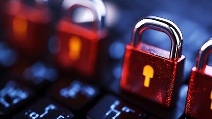 Poster - Close up of metallic padlocks on a keyboard emphasizing security and protection concepts : Generative AI