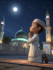 Wall Mural - A Young Boy Praying Under the Moonlight, Filled with Hope Near a Beautiful Mosque