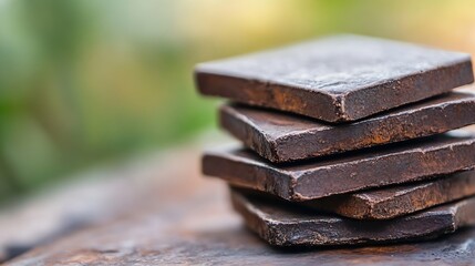 Aufkleber - Close Up of Stacked Dark Chocolate Blocks on a Wooden Surface : Generative AI