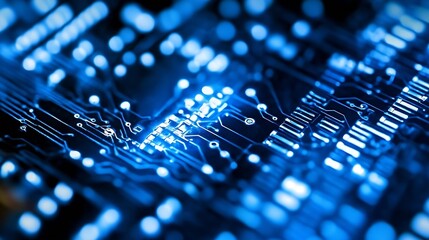 Fototapete - Close up of a vibrant blue circuit board showcasing modern technology and intricate connections : Generative AI