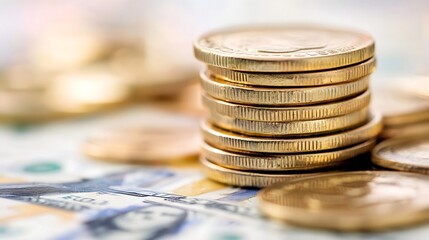 Poster - Close up of stacked golden coins with blurred background of hundred dollar bills for financial concepts : Generative AI