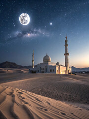 Wall Mural - A Beautiful Mosque Set Against a Starry Night and Dunes, Radiating Peace