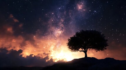 Aufkleber - Stunning night sky filled with stars and a silhouetted tree against a cosmic backdrop : Generative AI