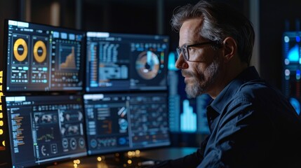 Leinwandbilder - Focused individual is reviewing intricate data visualizations on several screens in a contemporary workspace, highlighting the importance of digital analytics.