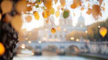 Poster - Stunning autumn leaves in focus with a blurred cityscape background creating a picturesque scenery : Generative AI