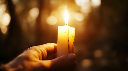Leinwandbilder - Illuminated candle held in a hand creating a warm and inviting atmosphere in a blurred background : Generative AI