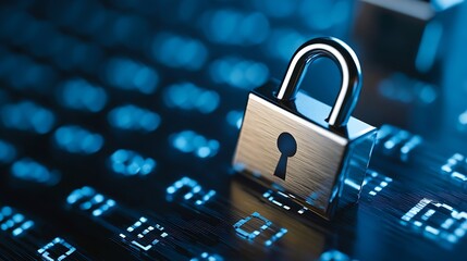 Fototapete - High quality close up of a metallic padlock on a digital background with binary code and data security concept : Generative AI