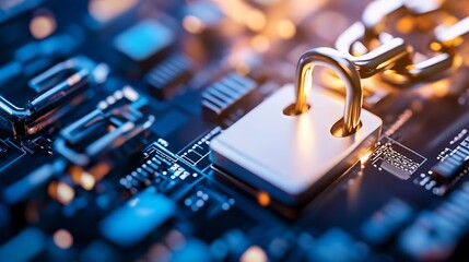 Fototapete - Macro shot of a modern padlock locked on a circuit board showcasing data protection and security measures : Generative AI