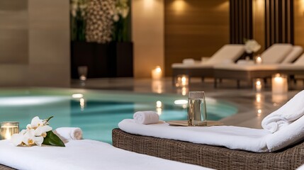 Aufkleber - Tranquil Luxury Spa Setting with Poolside Loungers and Lit Candles for Relaxation : Generative AI