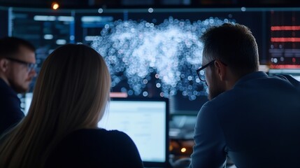 Fototapete - Team of diverse professionals analyzing data visualizations on large screens in office : Generative AI