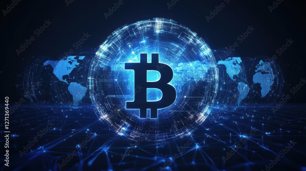Blockchain technology futuristic hud background with world globe and ...