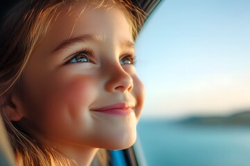 Wall Mural - close-up of a happy young girl looking out the window of a car during a road trip with an ocean view