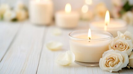 Fototapete - Beautifully arranged candles with delicate roses on a serene wooden table creating a calming atmosphere : Generative AI