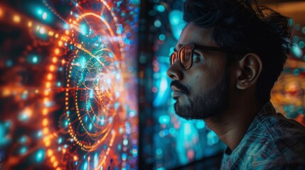 Fototapete - A young man observes captivating digital art and light patterns on multiple screens, surrounded by a lively atmosphere that enhances his curiosity and fascination.