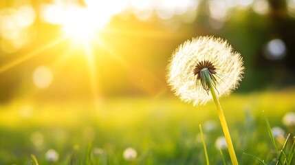 Fototapete - Beautiful dandelion in sunlight glowing with natural beauty in a serene green field : Generative AI
