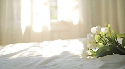 Fototapete - Soft sunlight streaming through curtains with beautiful white flowers on bed : Generative AI