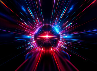 Wall Mural - vibrant light trails in blue, pink, and red radiate from a central point, forming a circular tunnel 