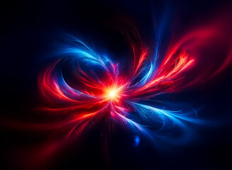 Wall Mural - Abstract image of swirling red and blue light emanating from a bright center against a dark backdrop.  Energy streams flow outward, creating a dynamic and vibrant composition.