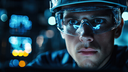 Wall Mural - Focused engineer wearing safety glasses in high tech environment