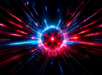 Wall Mural - a central sphere emits vibrant red and blue rays against a dark backdrop, creating a dynamic visual 