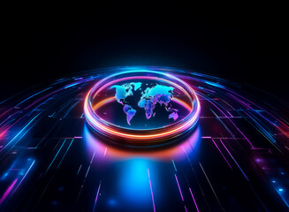 Wall Mural - Neon world map illuminated within a circular frame on a dark surface with vibrant blue and pink digital lines.  Futuristic and globally connected concept.