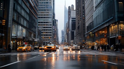 Wall Mural - Bustling city street in New York City with yellow taxis and skyscrapers on a rainy evening : Generative AI