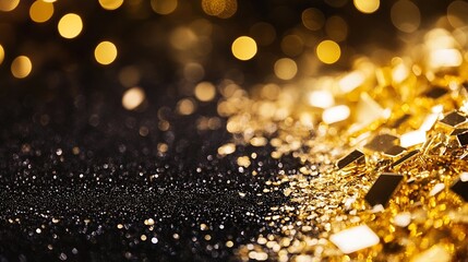 Fototapete - Glistening scattered gold flakes on a dark backdrop creating a sense of luxury and allure : Generative AI