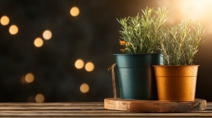 Wall Mural - Potted Plants with Soft Bokeh Background and Warm Light on Wooden Table