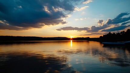 Wall Mural - Beautiful sunset over a calm lake reflecting colorful clouds in the sky creating a peaceful evening atmosphere : Generative AI