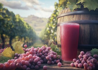 Wall Mural - grape juice in a rustic setting with a vineyard backdrop