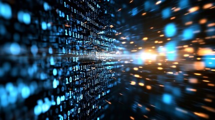 Aufkleber - Vivid digital landscape with binary data swirling and glowing particles representing highspeed networks : Generative AI
