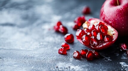Poster - Pomegranate fruit cut in half revealing juicy bright red seeds on dark stone surface : Generative AI