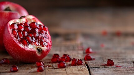 Poster - Cut open pomegranate revealing juicy seeds on rustic wooden table background : Generative AI