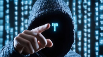 Aufkleber - Mysterious hacker in a dark hooded sweatshirt with a glowing interface background pointing ominously : Generative AI