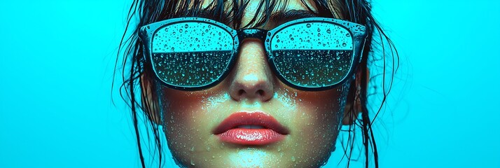 Wall Mural - A close-up of a woman with wet hair and stylish sunglasses, reflecting raindrops, set against a vibrant blue background.