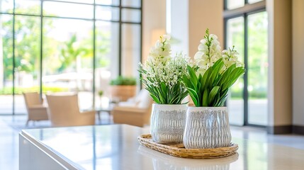 Canvas Print - Stylish modern reception area featuring elegant white flowers in decorative pots on a polished table : Generative AI