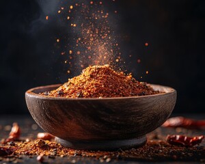 Wall Mural - pile of crushed Cayenne pepper emitting a strong smell in a rustic wooden bowl, against a dark background