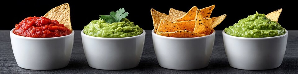 Wall Mural - Three bowls of guacamole and tortilla chips on a table