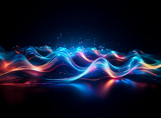 Wall Mural - vibrant abstract waves of blue and orange light flow smoothly on a dark backdrop, adorned with brigh