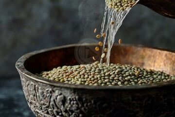 Wall Mural - green lentils being poured into an antique bowl, frozen in action