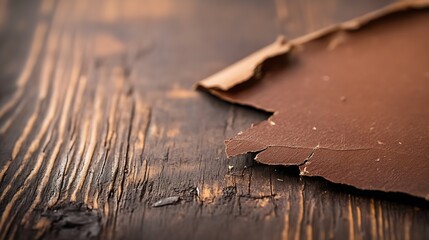 Poster - Close up of a piece of torn leather against a beautifully textured wooden surface : Generative AI