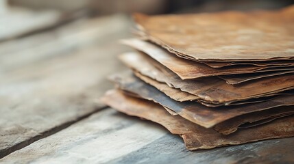 Poster - A stack of aged and weathered leather sheets lying on a rustic wooden surface : Generative AI