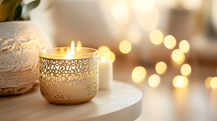 Poster - Aromatic candle on a wooden table with soft glowing lights providing a calming ambiance : Generative AI