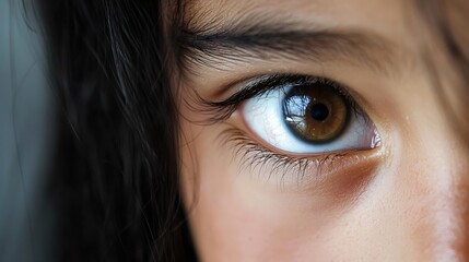 Poster - Close up of a child's eye highlighting deep brown iris with detailed eyelashes and youthful expression : Generative AI
