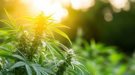 Aufkleber - Beautiful image of cannabis plant with sunlight illuminating the leaves in a lush green outdoor setting : Generative AI