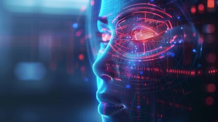 Poster - A futuristic digital representation features a human face outlined by glowing circuits and vibrant data patterns, showcasing the theme of artificial intelligence and technology advancement.