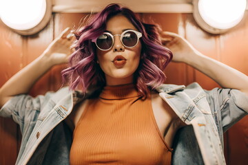 Young stylish woman touching purple hair and sending a kiss wearing sunglasses and denim jacket