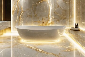 Wall Mural - Marble clad bathroom with a freestanding bathtub gold fixtures and ambient lighting.